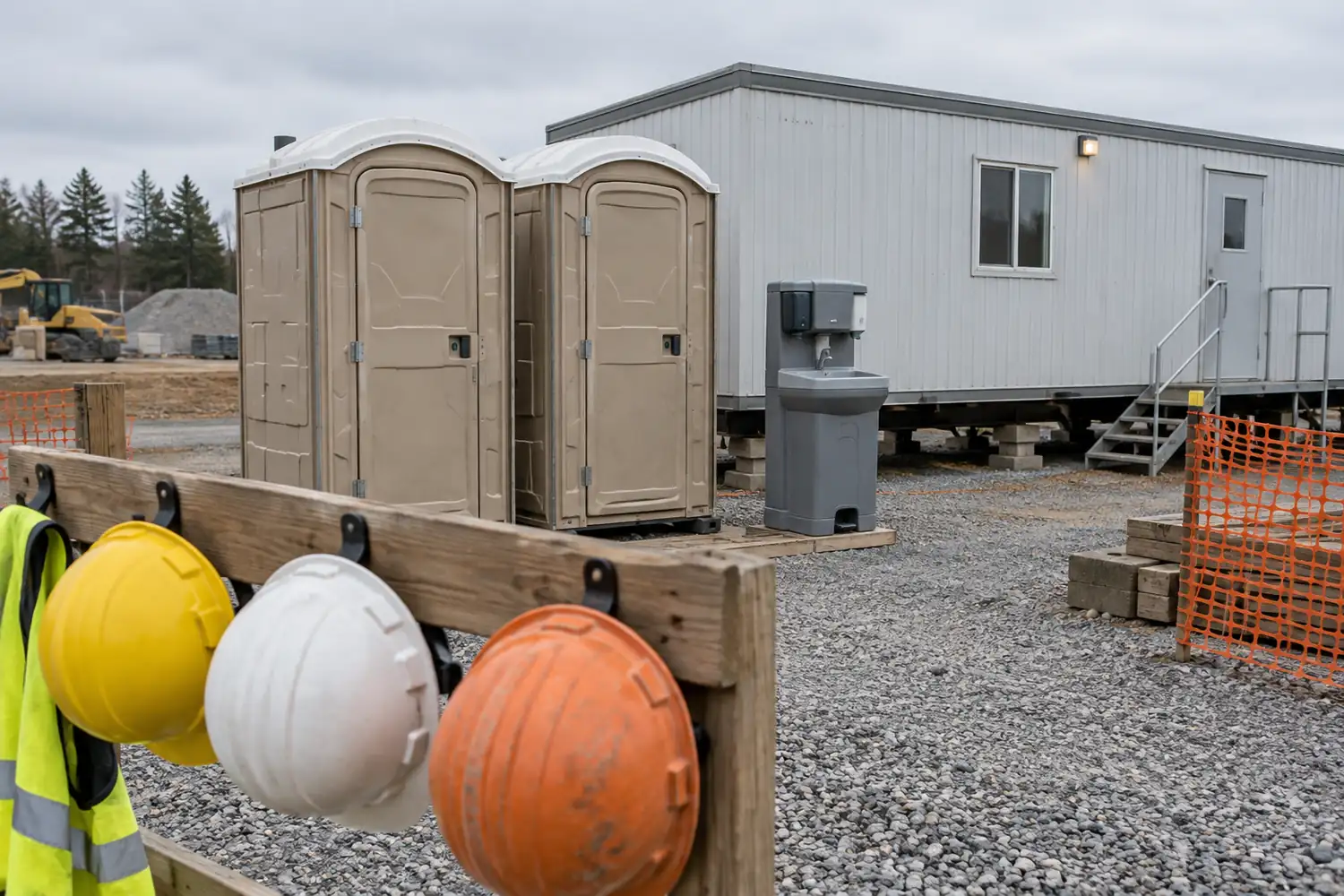 Two portable restrooms and a hand-wash station beside a site trailer