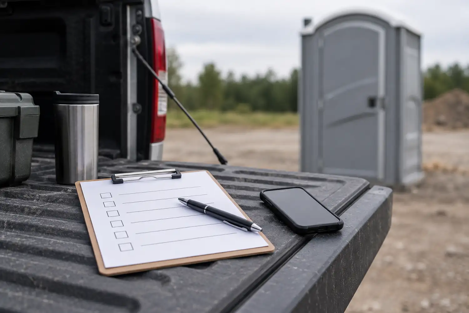 Blank rental checklist, pen and phone beside a portable restroom