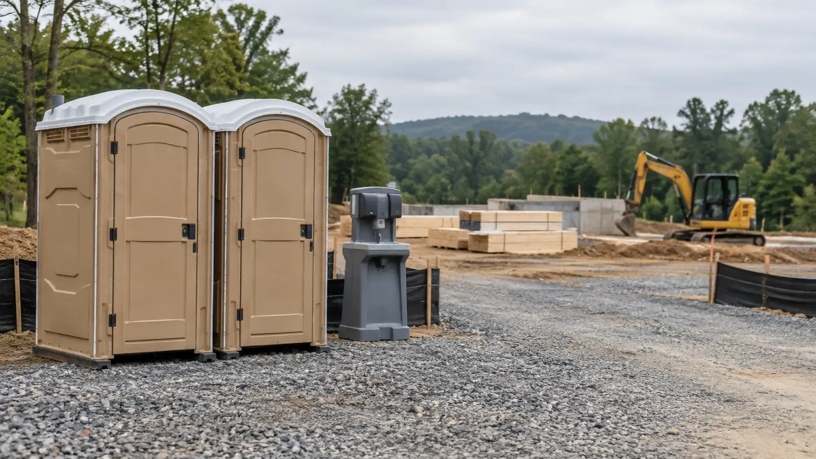 Two portable toilets and a hand-wash station on gravel at a job site with lumber and an excavator