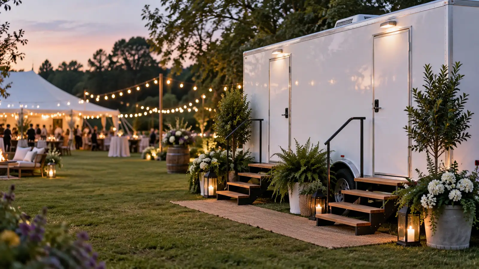 A restroom trailer with lit steps beside a lawn wedding tent in evening light